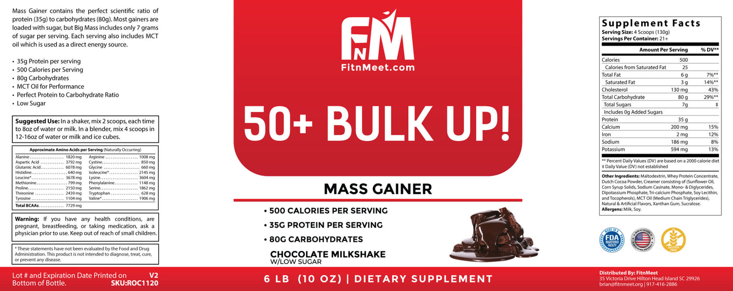 50+ Bulk Up! Mass Gainer Protein – Chocolate Milkshake Flavor 6 lbs