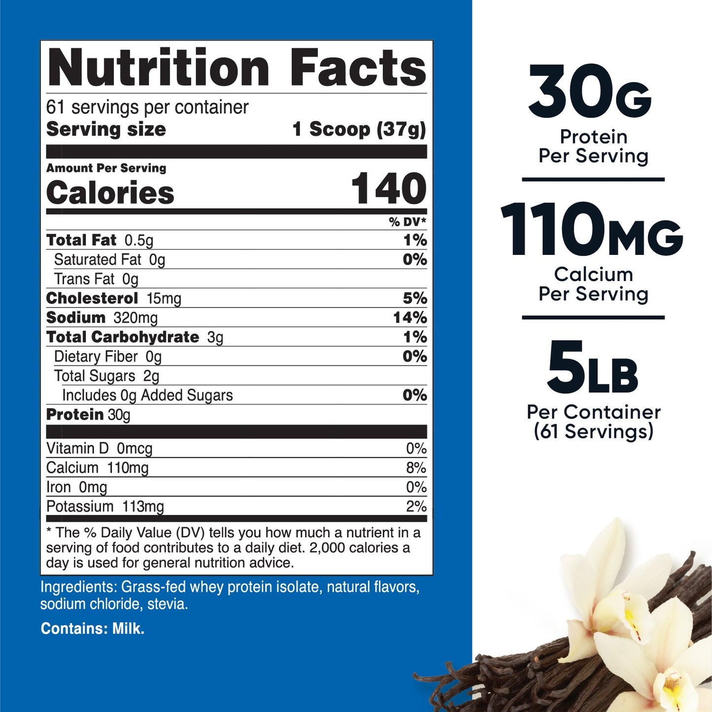 Grass-Fed Whey Protein Isolate Powder Vanilla (5 LB)