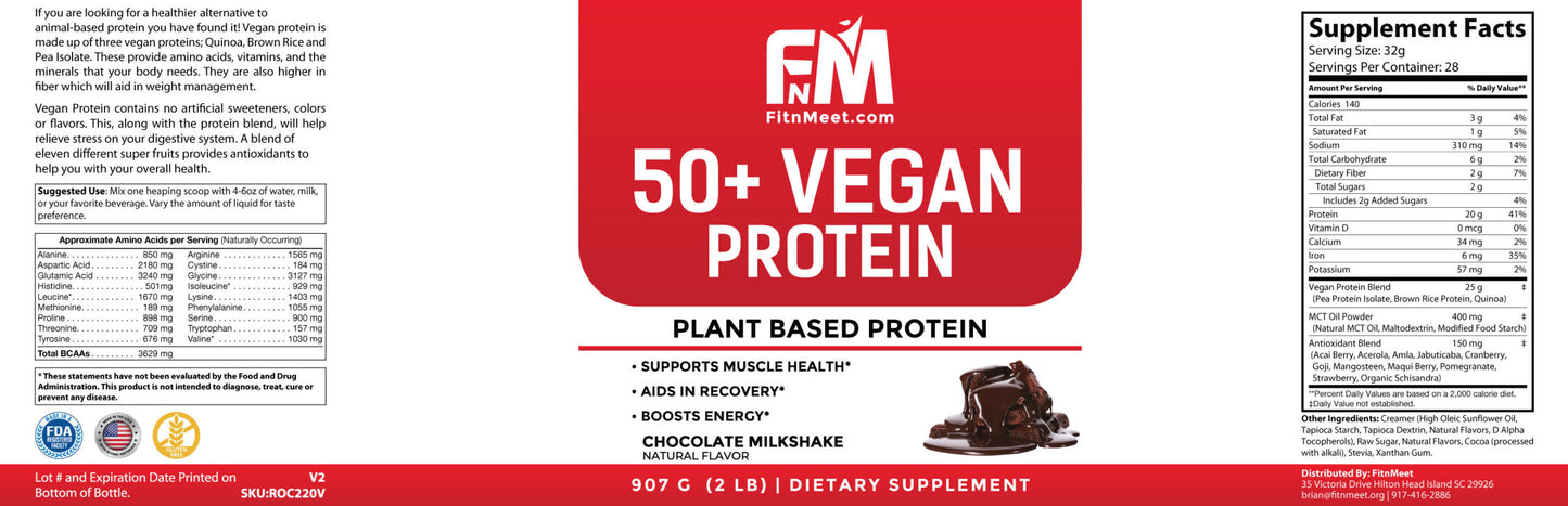 50+ Chocolate Vegan Protein Powder – 2 lbs, 28 Servings