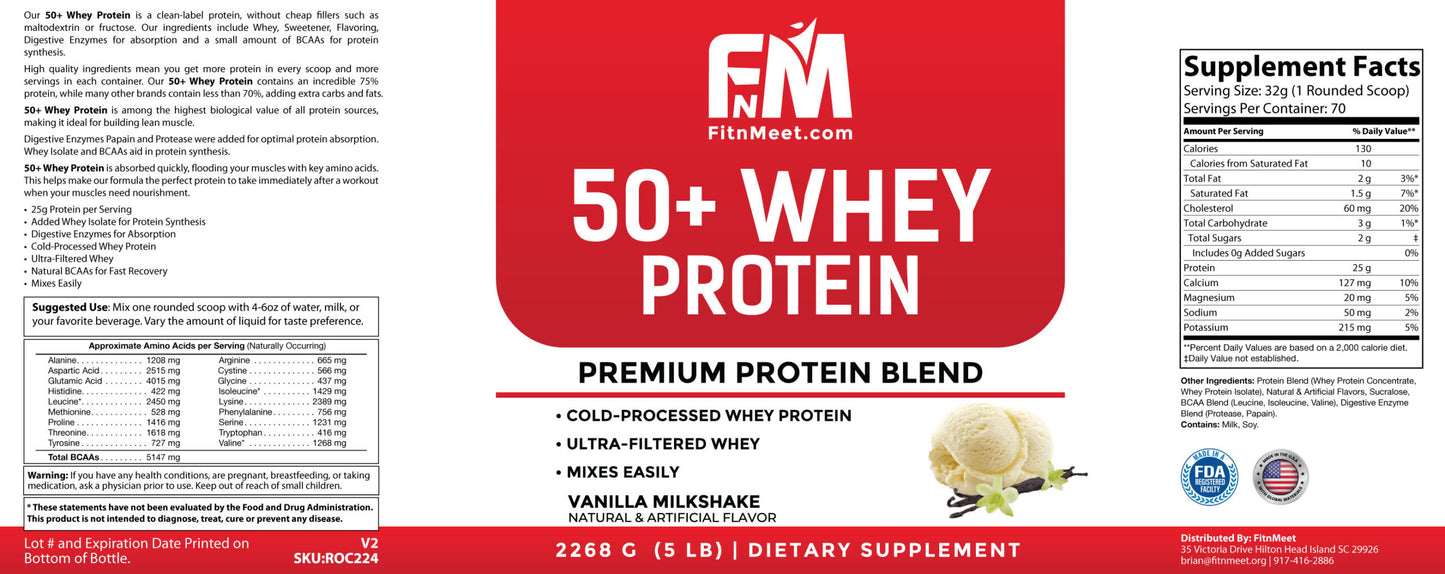 50+ Whey Protein Powder Vanilla – 5 lb (70 Servings)