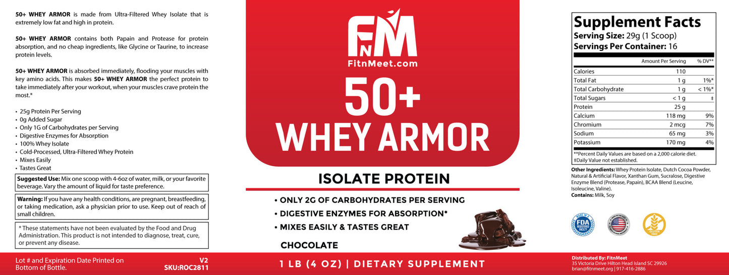 50+ 100% Whey Armor Isolate Protein – Chocolate 1 LB