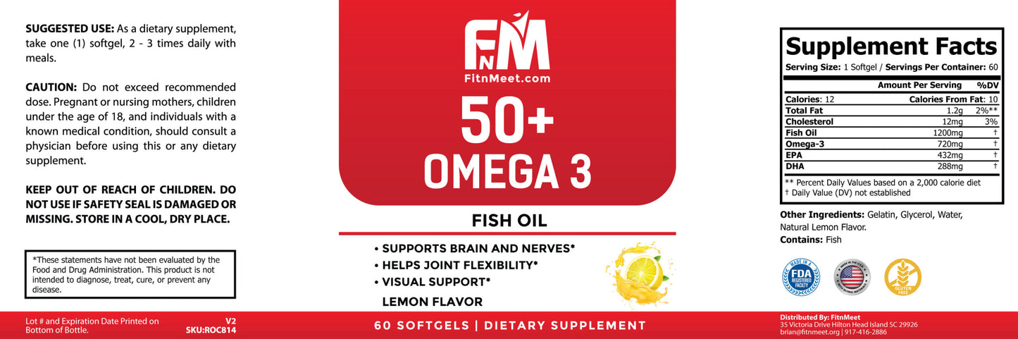 50+ Omega 3 Fish Oil Supplement, 60 Softgels