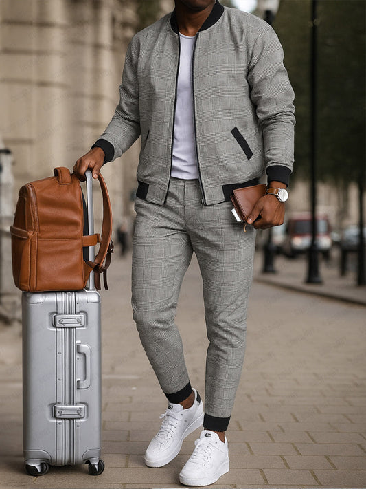 Smart Casual Plaid Tracksuit Set