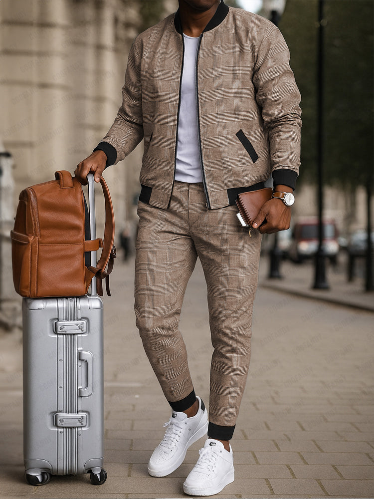 Smart Casual Plaid Tracksuit Set