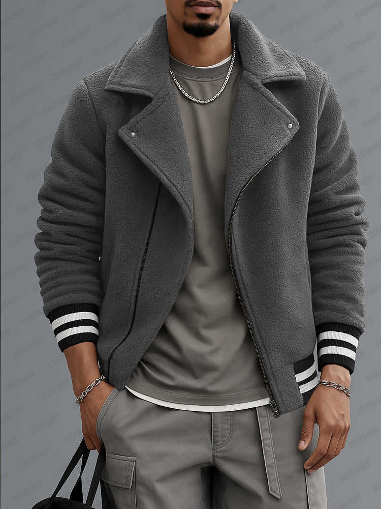 Casual Contrast Trim Fleece Jacket
